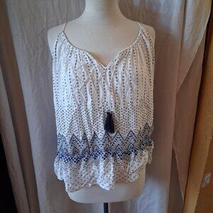 Rue womens 2x boho White and black floral print tank top with tassel tie